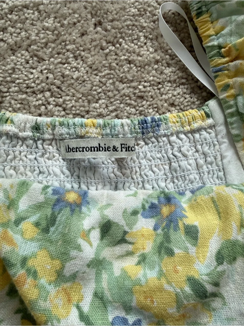 Abercrombie & Fitch Yellow and Blue Floral Square-Neck Puff Sleeve Top